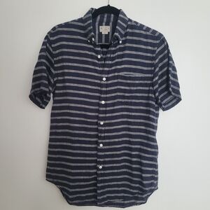 J. Crew Mens Navy White Striped Linen Shirt Button Down Short Sleeve Size S